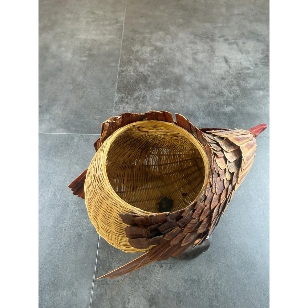 VTG 1970's Shanghai Handicrafts Woven Bamboo Rooster Chicken Basket China